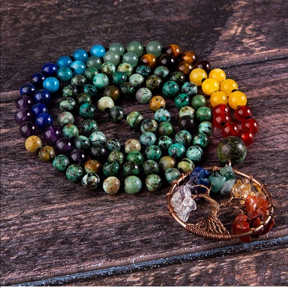 BRAND NEW 7 CHAKRA TREE OF LIFE NECKLACE MALA BEADS NWT - Picture 2 of 3